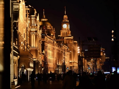 Row of classical heritage buildings on Shanghai Bund, night street silhouettes Row of classical heritage buildings on Shanghai Bund, night street silhouettes