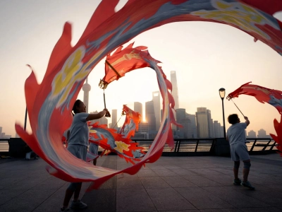 Dragon Ribbon Exercise at Shanghai Bund Sunrise
