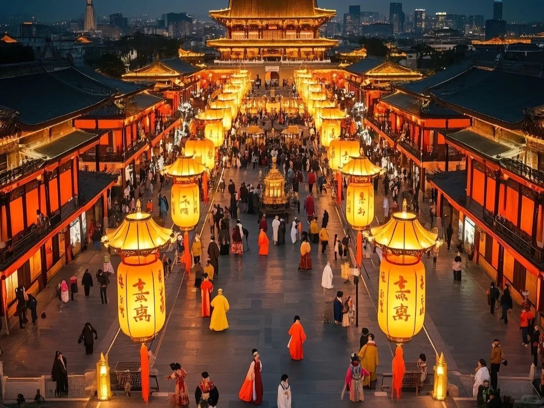 Datang Everbright City with Tang-style architecture and lanterns at night in Xi'an