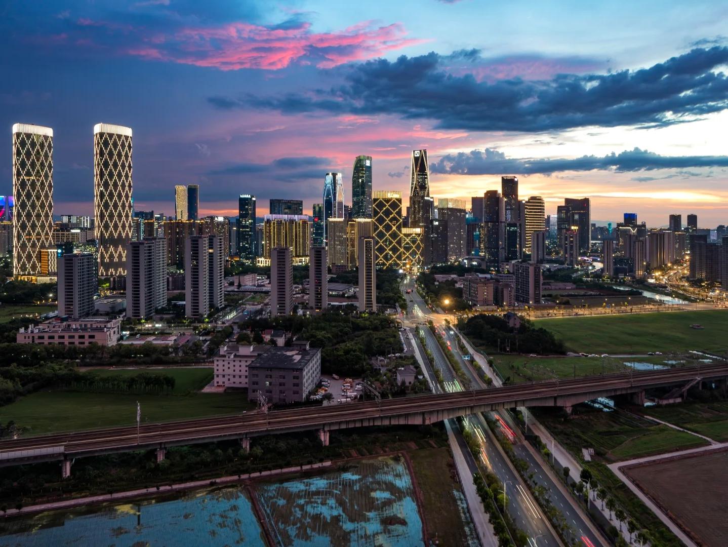 Aerial Sunset Skyline of Hangzhou Qianjiang Century City