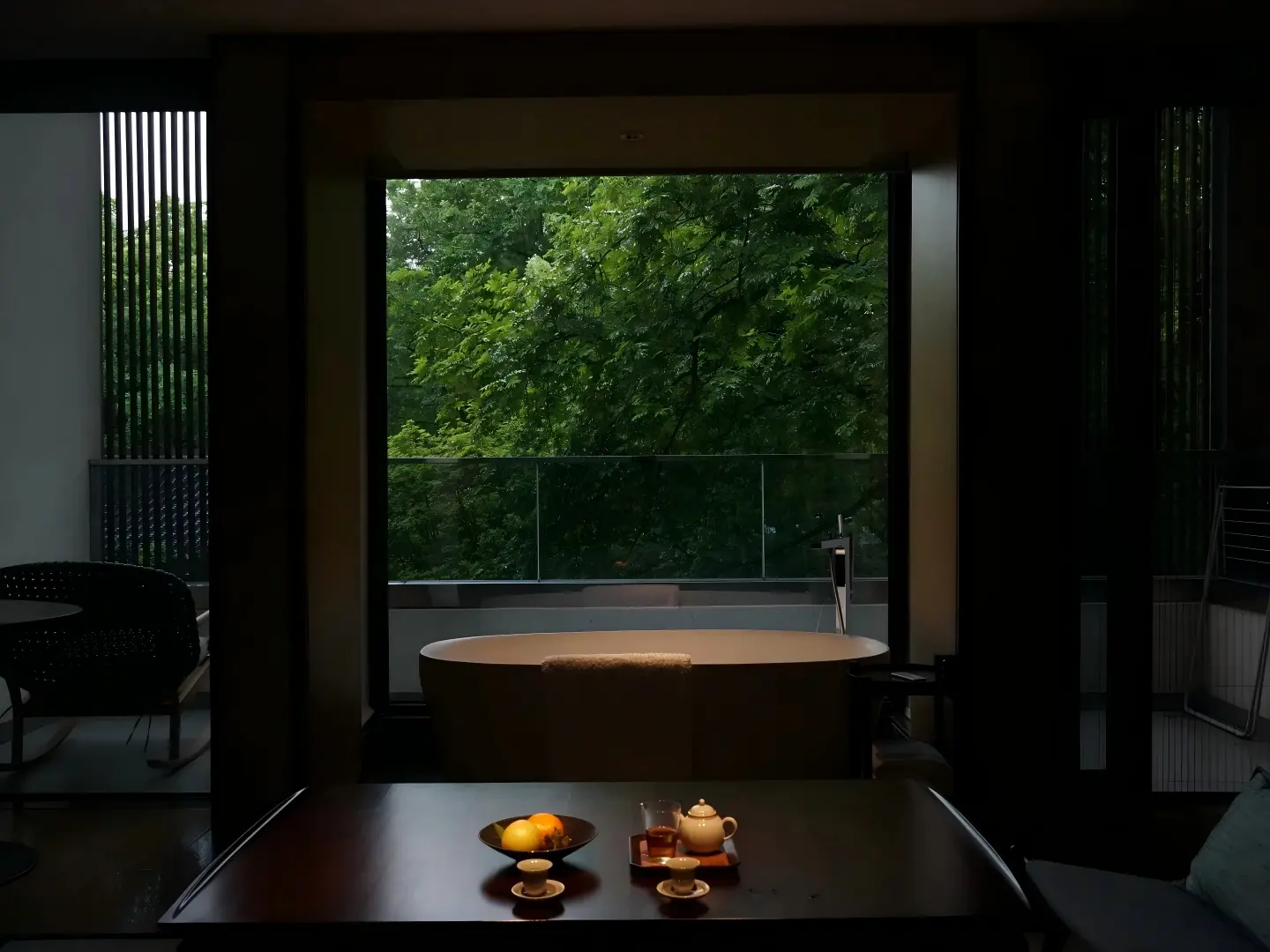 Quiet Hotel Room with Forest View and Tea Set in Hangzhou