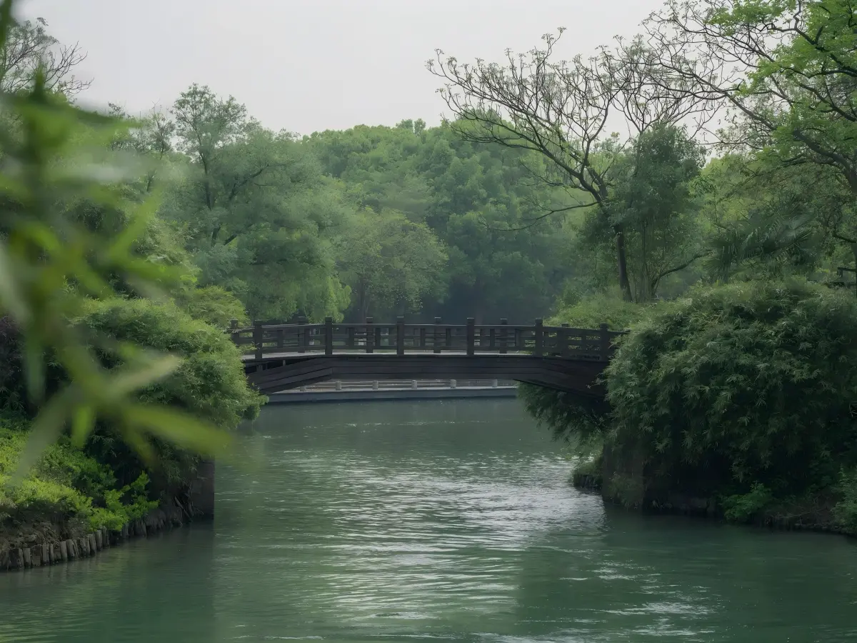 Wooden Bridge over River in Xixi Wetland
