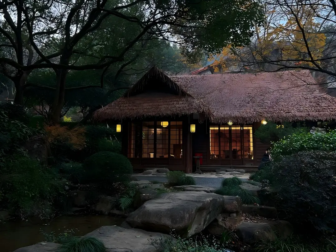 Thatched Tea House at Dusk, China National Tea Museum