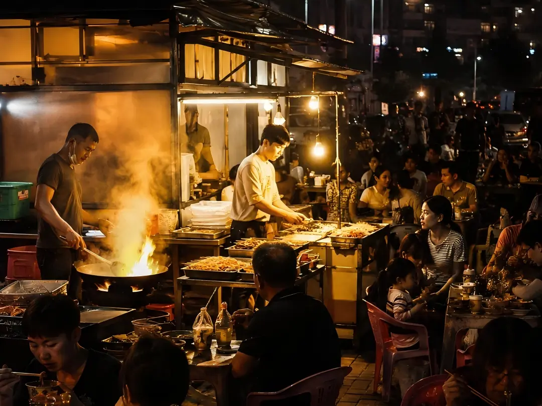 Bustling Night Market Food Stall in Hangzhou